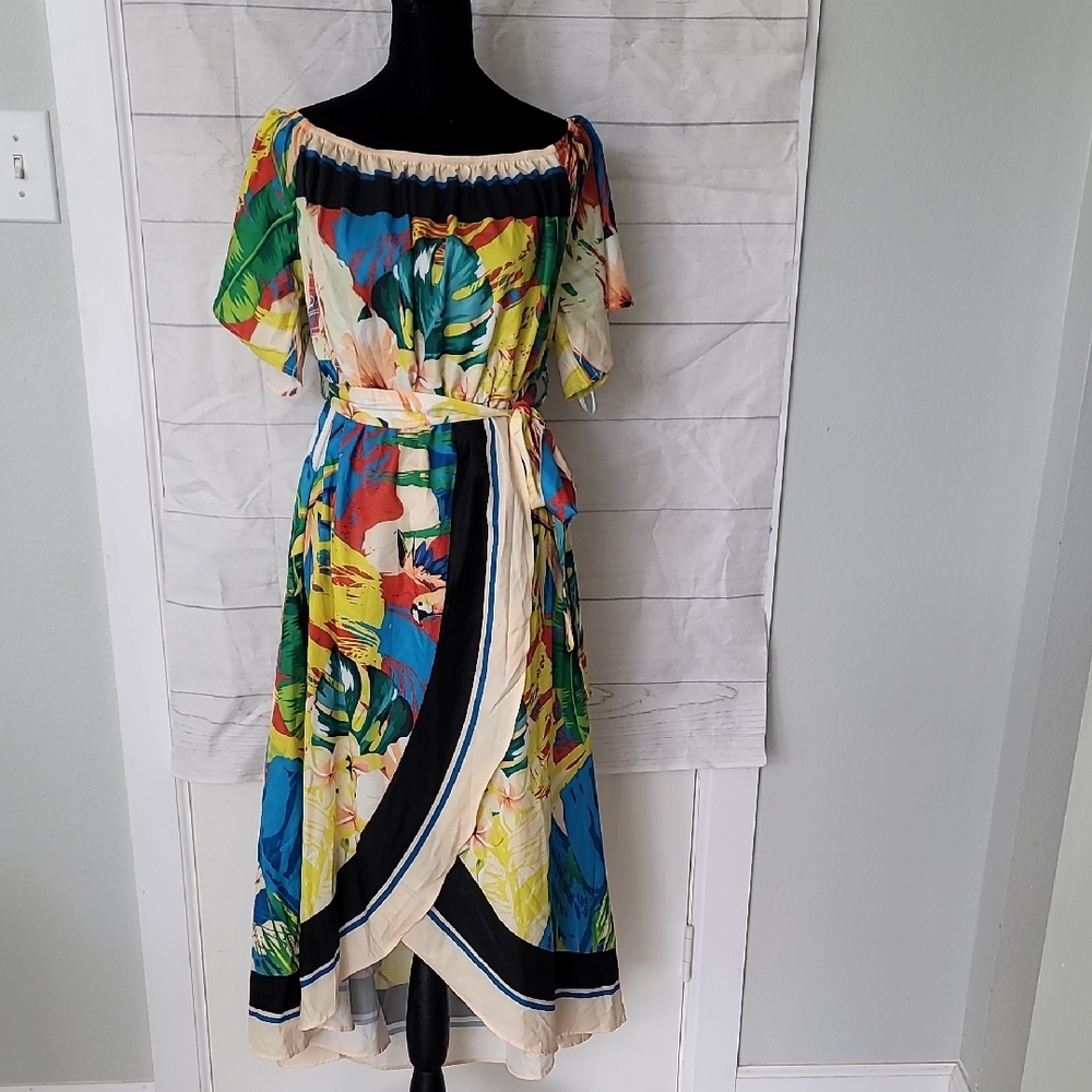 SHEIN Multicolor Tropical Off-Shoulder Midi Dress